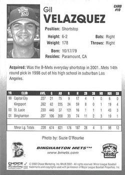 2002 Choice Binghamton Mets #10 Gil Velazquez Back