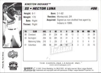 2002 Choice Carolina League Top Prospects #06 Hector Luna Back