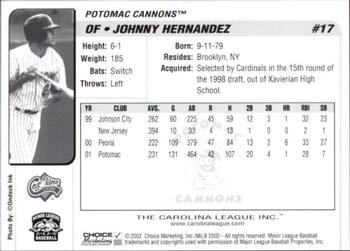 2002 Choice Carolina League Top Prospects #17 Johnny Hernandez Back