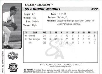 2002 Choice Carolina League Top Prospects #22 Ronnie Merrill Back