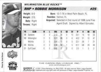 2002 Choice Carolina League Top Prospects #25 Robbie Morrison Back