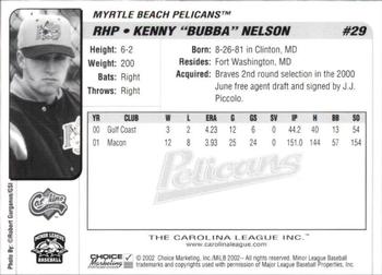 2002 Choice Carolina League Top Prospects #29 Bubba Nelson Back