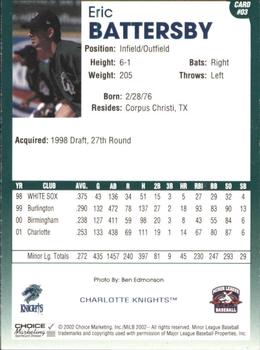 2002 Choice Charlotte Knights #3 Eric Battersby Back