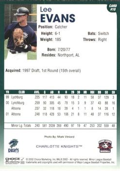 2002 Choice Charlotte Knights #10 Lee Evans Back