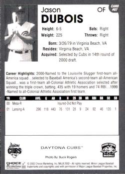 2002 Choice Daytona Cubs #07 Jason Dubois Back
