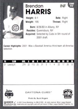 2002 Choice Daytona Cubs #12 Brendan Harris Back