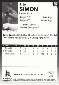 2002 Choice Lowell Spinners Update #04 Billy Simon Back