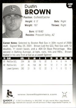2002 Choice Lowell Spinners Update #01 Dustin Brown Back