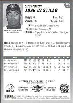 2002 Choice Lynchburg Hillcats #03 Jose Castillo Back