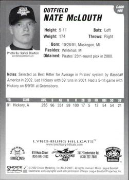 2002 Choice Lynchburg Hillcats #08 Nate McLouth Back
