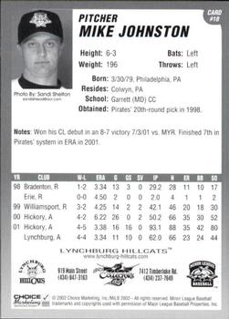 2002 Choice Lynchburg Hillcats #18 Mike Johnston Back