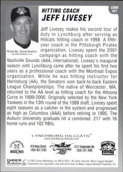 2002 Choice Lynchburg Hillcats #21 Jeff Livesey  Back