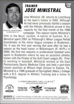 2002 Choice Lynchburg Hillcats #29 Jose Ministral Back