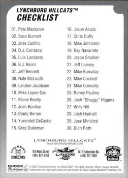 2002 Choice Lynchburg Hillcats #NNO Team Checklist Back