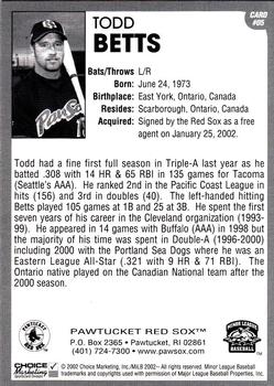 2002 Choice Pawtucket Red Sox #05 Todd Betts Back