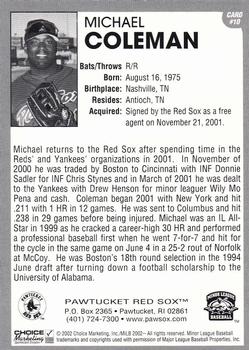2002 Choice Pawtucket Red Sox #10 Michael Coleman Back