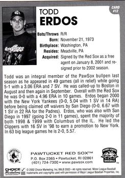 2002 Choice Pawtucket Red Sox #12 Todd Erdos Back