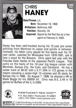2002 Choice Pawtucket Red Sox #13 Chris Haney Back