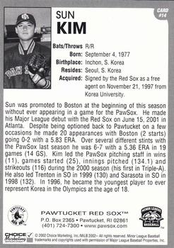 2002 Choice Pawtucket Red Sox #14 Sun Kim Back