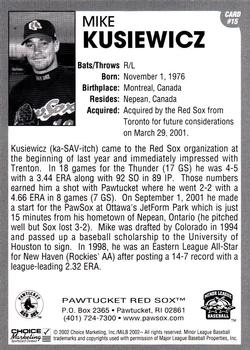 2002 Choice Pawtucket Red Sox #15 Mike Kusiewicz Back