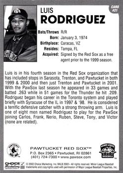 2002 Choice Pawtucket Red Sox #21 Luis Rodriguez Back