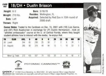 2002 Choice Potomac Cannons #3 Dustin Brisson Back