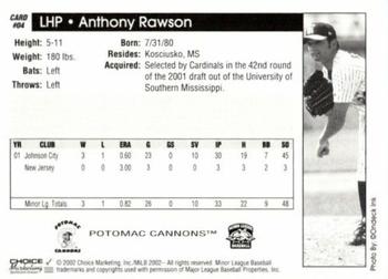 2002 Choice Potomac Cannons #4 Anthony Rawson Back