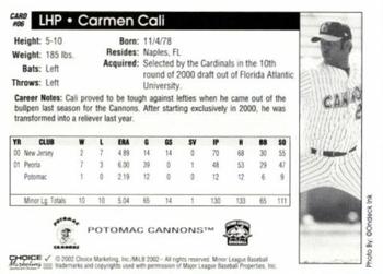 2002 Choice Potomac Cannons #6 Carmen Cali Back
