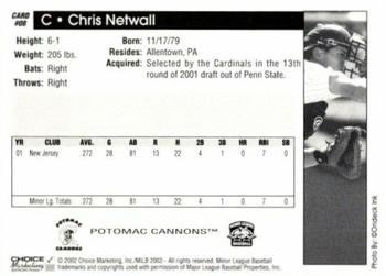 2002 Choice Potomac Cannons #8 Chris Netwall Back