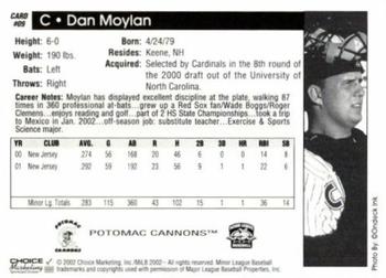 2002 Choice Potomac Cannons #9 Dan Moylan Back