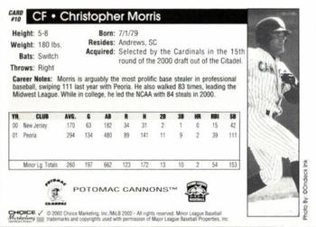 2002 Choice Potomac Cannons #10 Christopher Morris Back