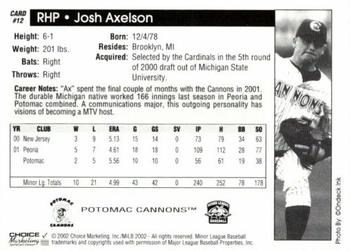 2002 Choice Potomac Cannons #12 Josh Axelson Back