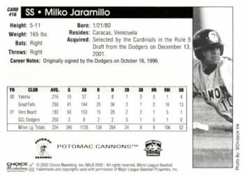 2002 Choice Potomac Cannons #16 Milko Jaramillo Back