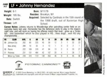 2002 Choice Potomac Cannons #17 Johnny Hernandez Back