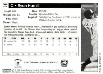 2002 Choice Potomac Cannons #19 Ryan Hamill Back