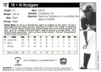 2002 Choice Potomac Cannons #20 Al Rodgers Back