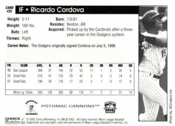 2002 Choice Potomac Cannons #25 Ricardo Cordova Back