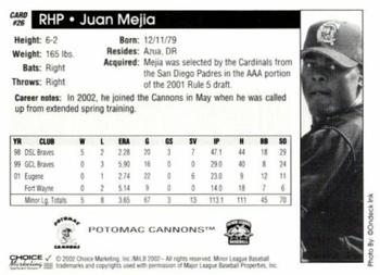 2002 Choice Potomac Cannons #26 Juan Mejia Back