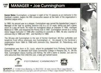 2002 Choice Potomac Cannons #27 Joe Cunningham III Back