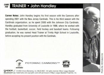 2002 Choice Potomac Cannons #30 John Handley Back