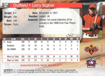2002 Choice Rochester Red Wings #1 Larry Bigbie Back