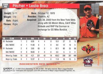 2002 Choice Rochester Red Wings #2 Lesli Brea Back