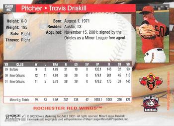 2002 Choice Rochester Red Wings #7 Travis Driskill Back