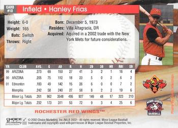 2002 Choice Rochester Red Wings #10 Hanley Frias Back