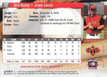 2002 Choice Rochester Red Wings #13 Jose Leon Back