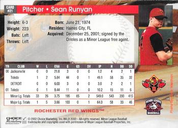 2002 Choice Rochester Red Wings #21 Sean Runyan Back