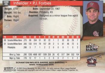 2002 Choice Scranton/Wilkes-Barre Red Barons #05 P.J. Forbes Back