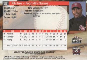2002 Choice Scranton/Wilkes-Barre Red Barons #15 Franklin Nunez Back