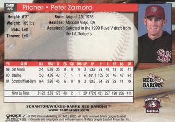 2002 Choice Scranton/Wilkes-Barre Red Barons #26 Peter Zamora Back