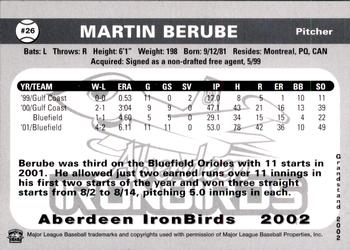 2002 Grandstand Aberdeen IronBirds #NNO Martin Berube Back